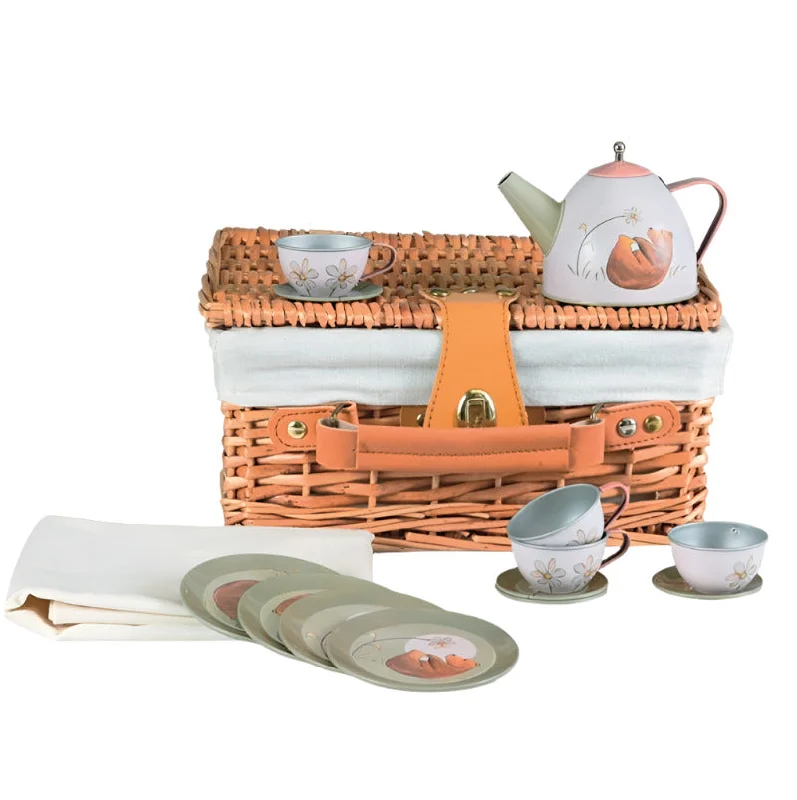 Forest Tin Tea Set in a Wicker Basket