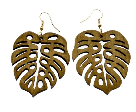 Wooden Monstera Earrings - 2.5 Inch Pair