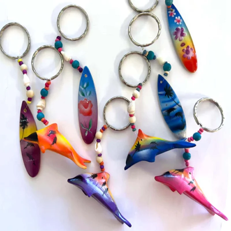 Wooden Dolphin and Surfboard Keychains Wholesale