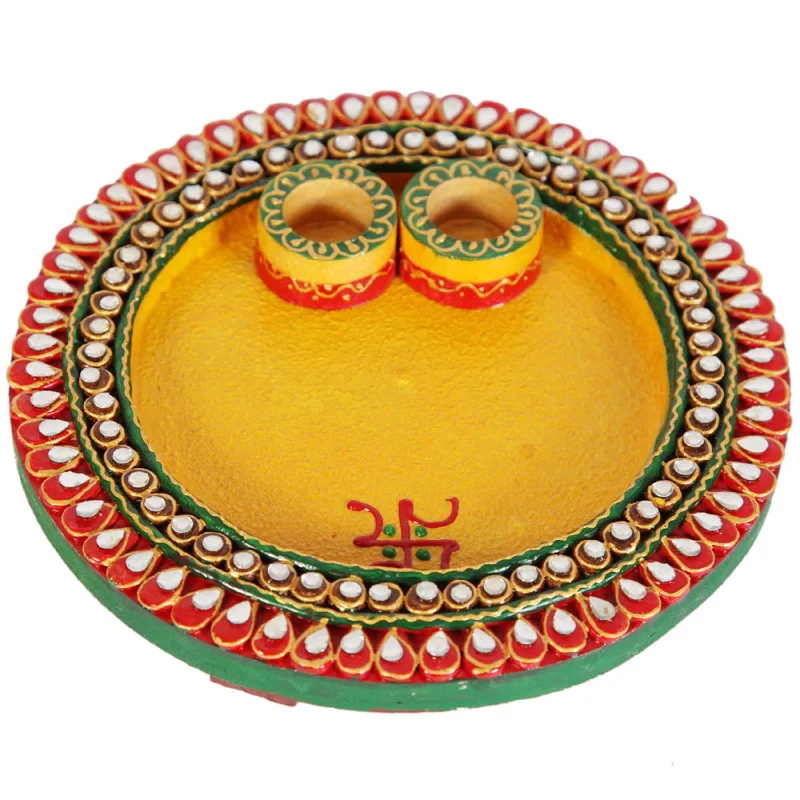 Wooden Kundan Craft Round Pooja Thali (Sold By 10 PCS)