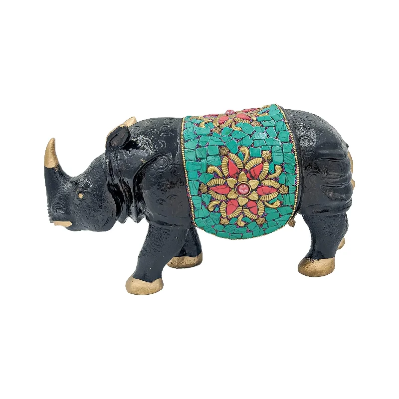 Wooden Rhinoceros Statue Home Decor Accent