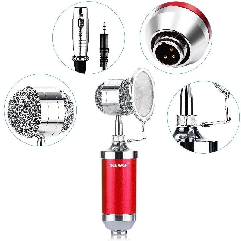 Neewer Cardioid Condenser Broadcasting & Recording Microphone Kit includes: (1)Condenser Microphone with Build-in Pop Filter+(1)Shock Mount +(1)3.5mm Male to XLR Female Microphone Cable(Red)