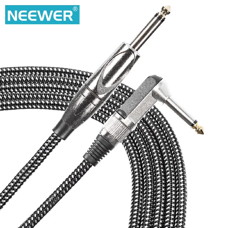 Neewer GR-24 10 Foot/3 Meters Guitar Instrument Cable with Standard 1/4 Inch Straight to Right Angle Plug, Black and White Tweed Woven Jacket